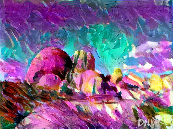 Neural net rendering of Joshua Tree photo with my daughter Ember's painting